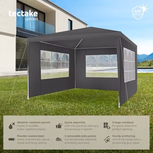 tectake Garden Gazebo in Grey with Steel Frame and Windows, W/D/H: 300 x 300 x 250 cm – 2
