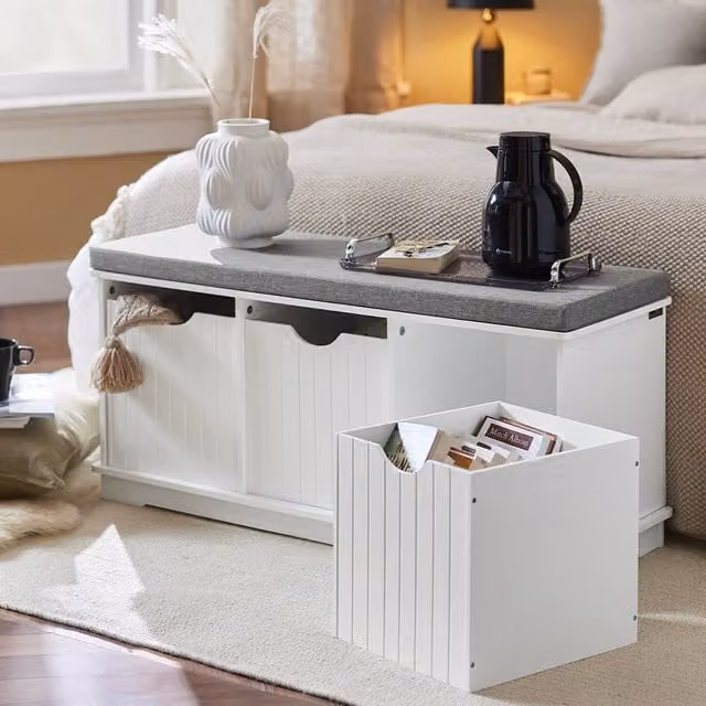 SoBuy Modern White Shoe Storage Cabinet with Removable Fabric Seat Cushion