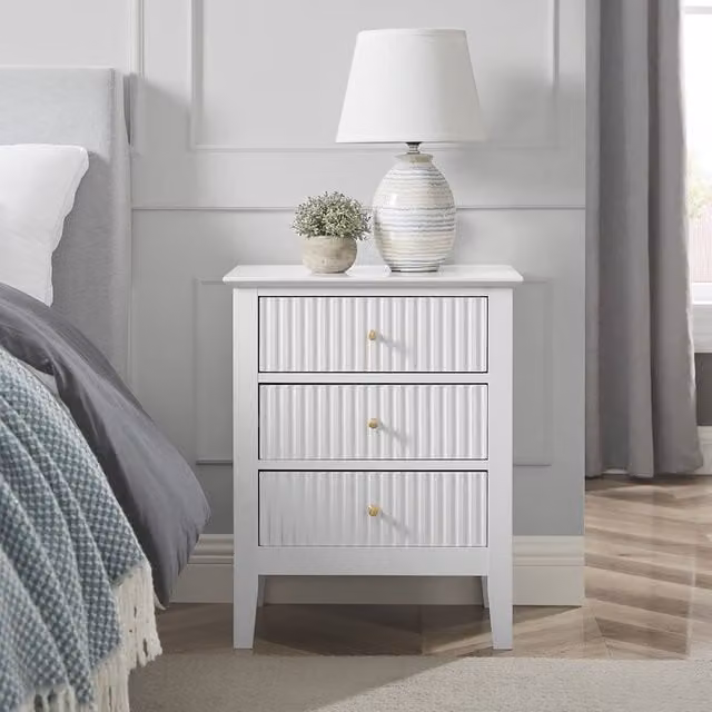 Melody Maison 3 Drawer Bedside Table in White Lacquered MDF and Metal