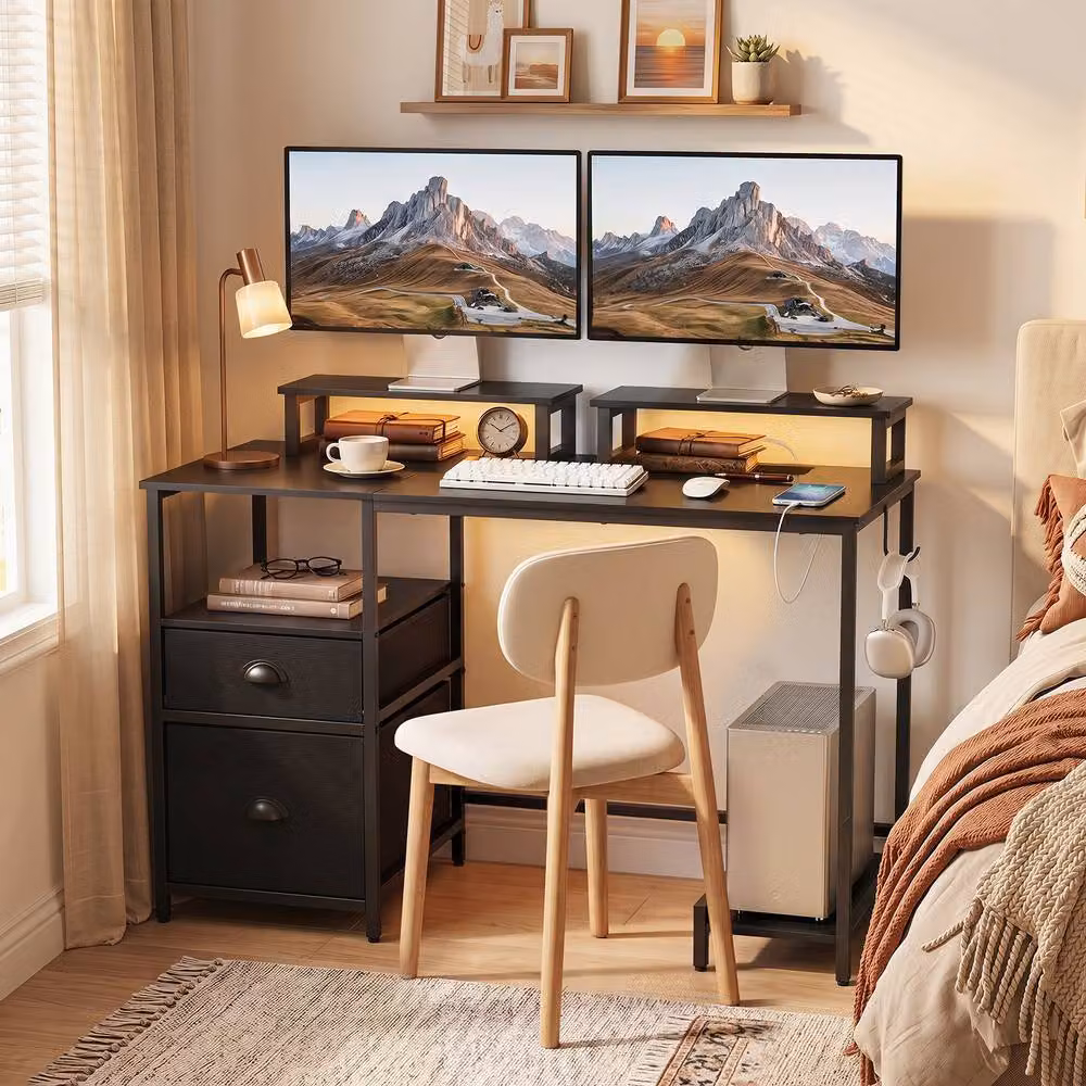 Costway Modern Black Computer Desk with Power Outlets and 2 Monitor Shelves – 3