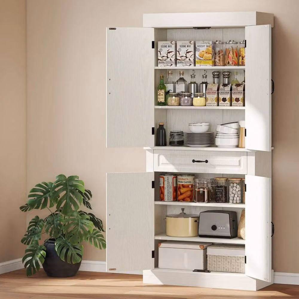 NESTLUNE Tall Freestanding Kitchen Pantry Cupboard with Drawer and Hinged Doors, White – 2