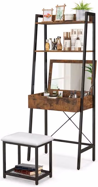 Costway Dressing Table and Stool Set in Brown with Industrial MDF and Metal Design