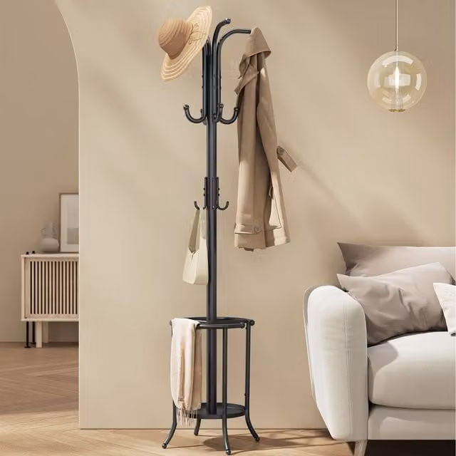 SONGMICS Modern Matt Black Metal Freestanding Coat Rack with Umbrella Holder