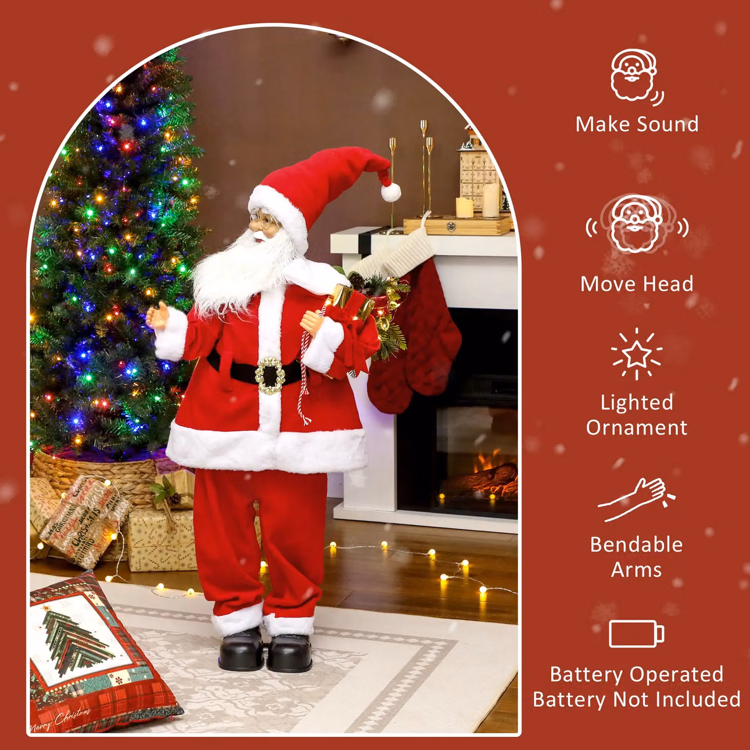 HOMCOM Life Size Animated Sound Activated Santa Claus Decoration in Red, Height: 120 cm – 6