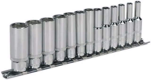 Loops 13 Piece Metric Deep Socket Set, 1/4 inch Square Drive, 6 Point WallDrive, Chrome Vanadium and Stainless Steel, Silver and Multicolour