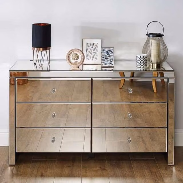 Birlea Seville 6 Drawer Chest in Silver and White with Mirrored Top