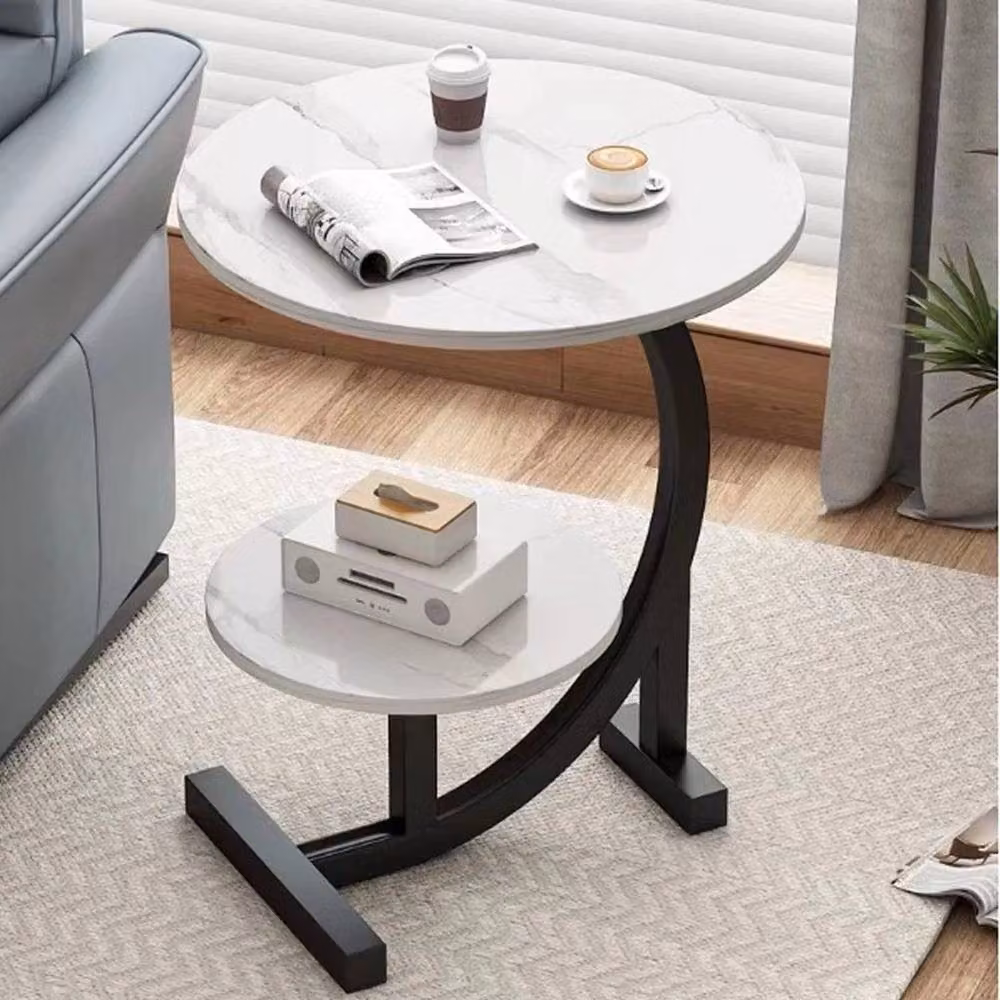 EONLION White 2 Tier C Shaped Side Table with Round Top and Sled Base – 4