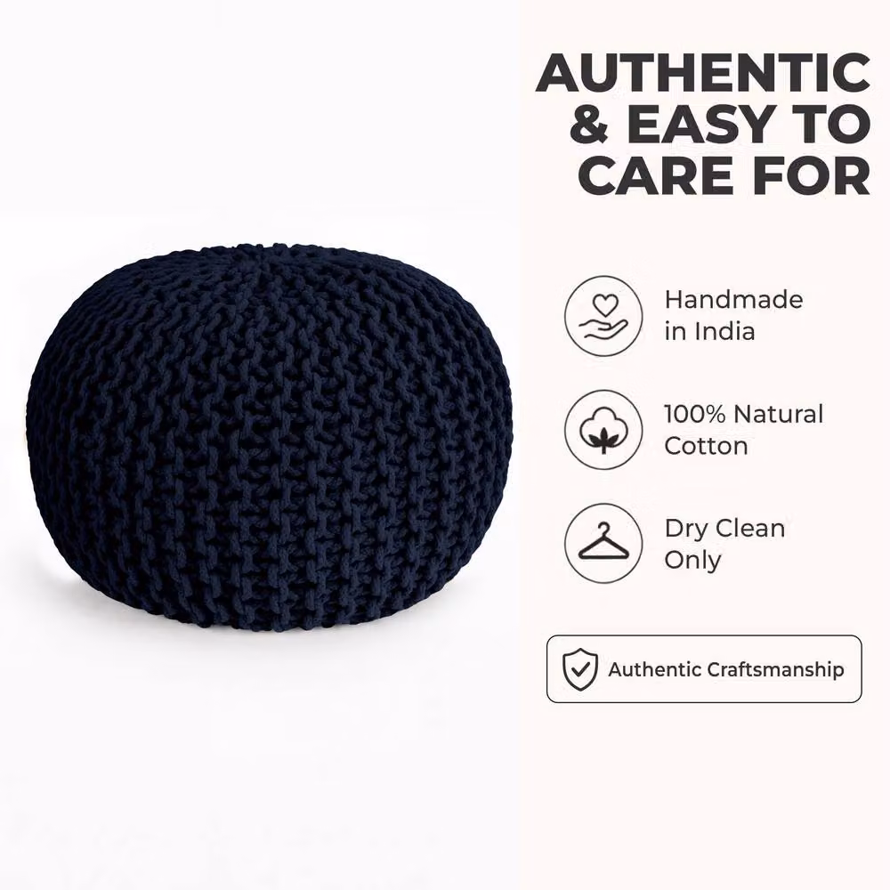 Bravich LTD Chunky Knitted Cotton Round Pouffe Footstool in Blue, Diameter: 50 cm – 6