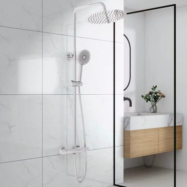 FLAVORA Exposed Thermostatic Twin Shower Set with Two Handles in Silver Chrome