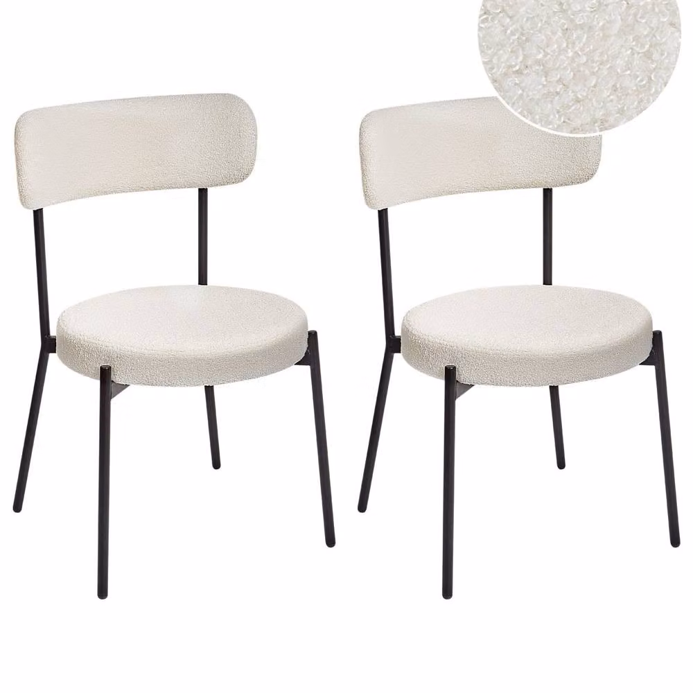Wyld and Coco Aura Living White Bouclé Dining Chairs Set of 2 with Black Metal Legs – 2