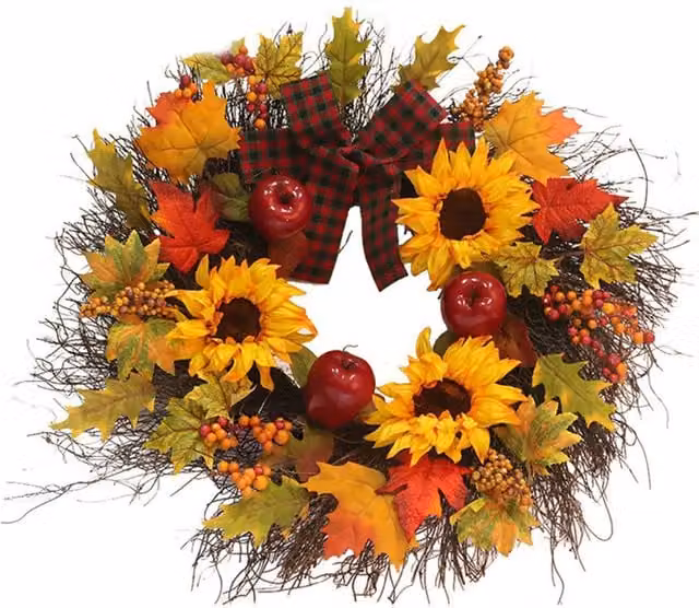 Livingandhome Autumn Wreath with Maple Leaves, Sunflowers and LED Lights in Orange and Multicolour