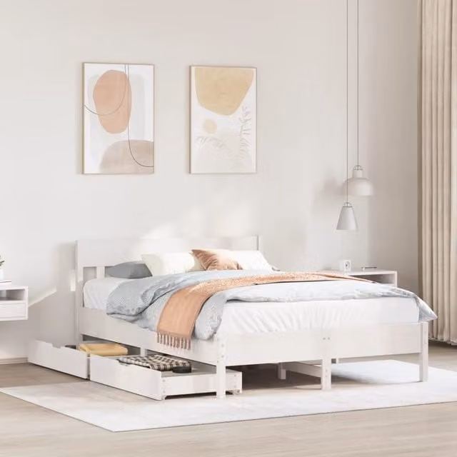 Berkfield Home Small Double Bed Frame in White Solid Pine Wood, W/D/H: 120 x 200 cm
