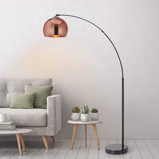 Teamson Home Modern Curved Arc Floor Lamp with Bell Shade and Marble Base in Gold and Black – 1