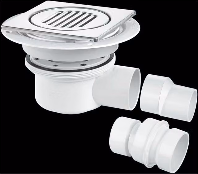 McAlpine TSG52-T150SS Two Piece 50mm Horizontal Water Seal Trapped Gully with White Tile Insert and Stainless Steel Grating