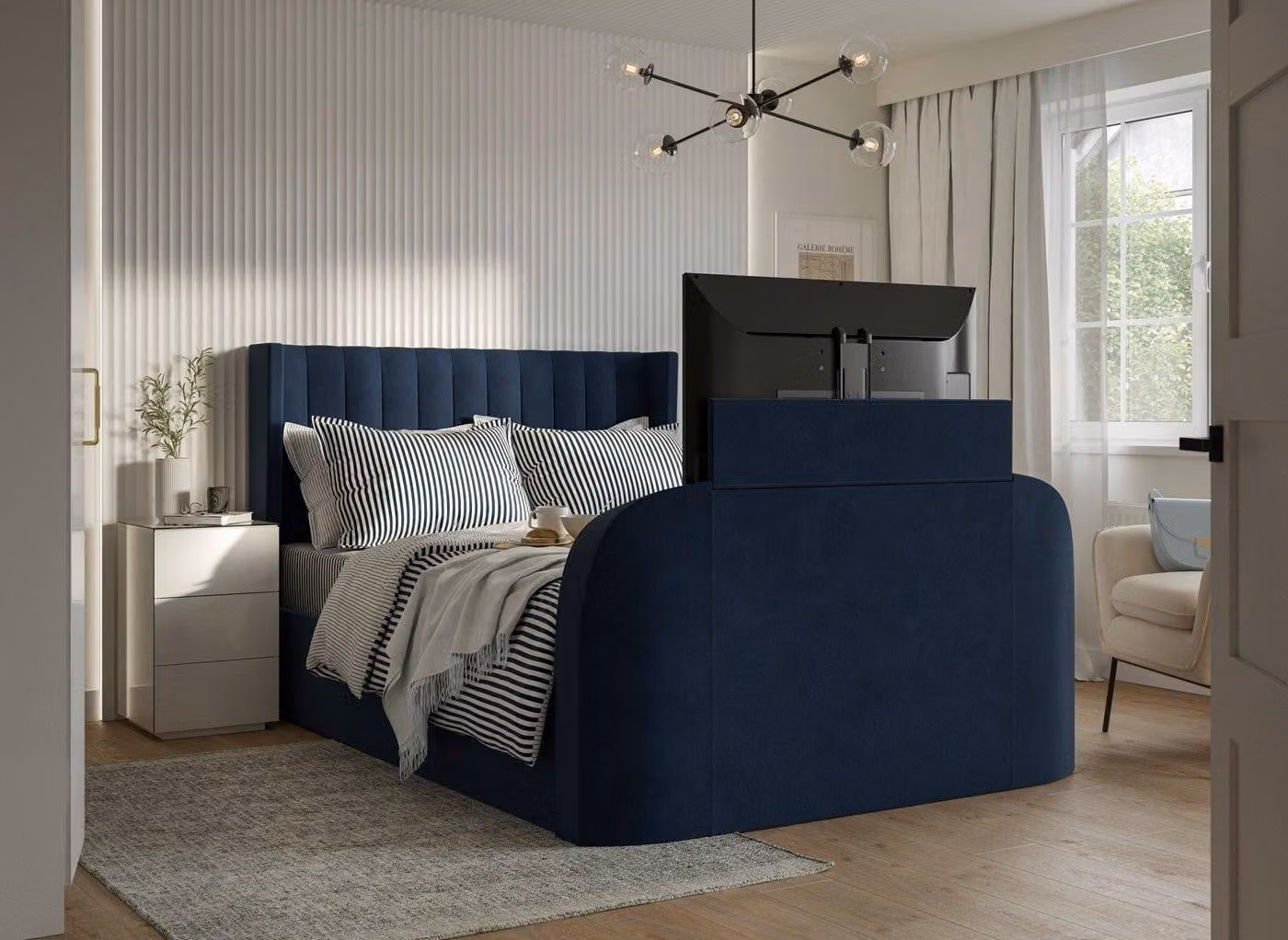 Dreams Foley Blue Velvet Upholstered Modern TV Bed with Integrated Reading Light