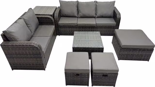 Fimous 8-Seater PE Rattan Outdoor Sofa Set in Dark Grey Mixed with U-Shape Design, Coffee Table and Ottoman