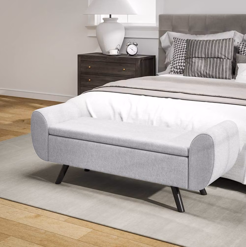 STILVORA Grey Upholstered Storage Ottoman with Armrests and Rubberwood Frame – 7