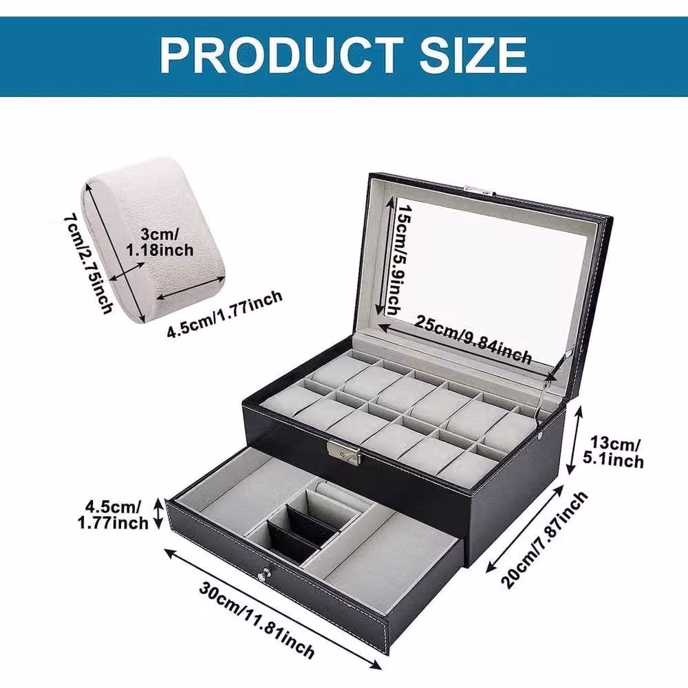 EONLION Black PU Leather Watch Winder and Storage Box with Glass Lid, W: 50.0 cm, D: 30.0 cm, H: 15.0 cm – 2