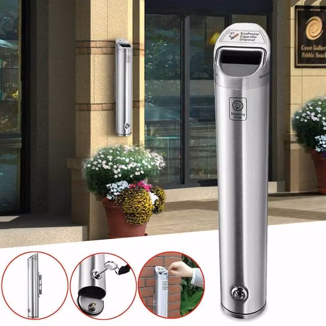 NESTLUNE Commercial Stainless Steel Cylinder Cigarette Ashtray, Wall Mounted, Silver