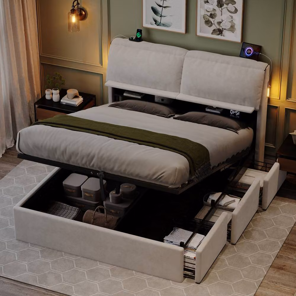 ModernLuxe Upholstered King Ottoman Bed in White with Flip-Top Storage, Integrated Reading Light and USB Charging Port, W: 160 cm, L: 200 cm, H: 115 cm – 2