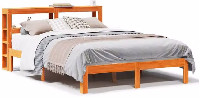 Berkfield Home Double Bed Frame in Waxed Brown Solid Pine Wood, W/D/H: 135 x 190 x 30 cm