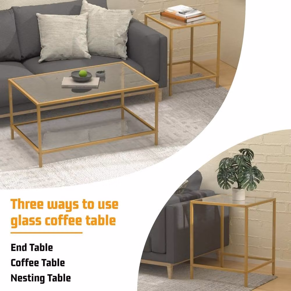 Huhote Set of 2 Modern Nesting Tables with Glass Tops and Gold Metal Frames – 5