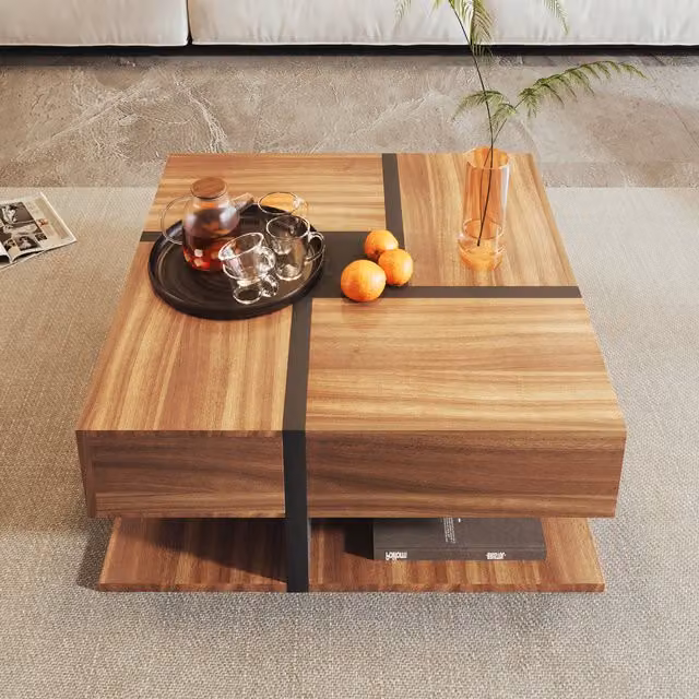 Aosom.UK Square Wooden Coffee Table with 4 Drawers and Bottom Storage, Natural Brown, W: 78 cm, D: 78 cm, H: 36 cm