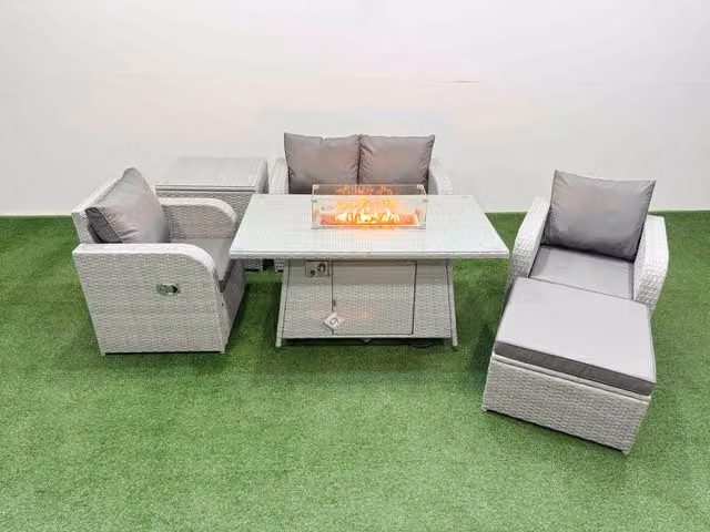 Fimous 5 Seater Light Grey PE Wicker Rattan Garden Furniture Set with Reclining Chair, Firepit Dining Table, Footstool and Side Table