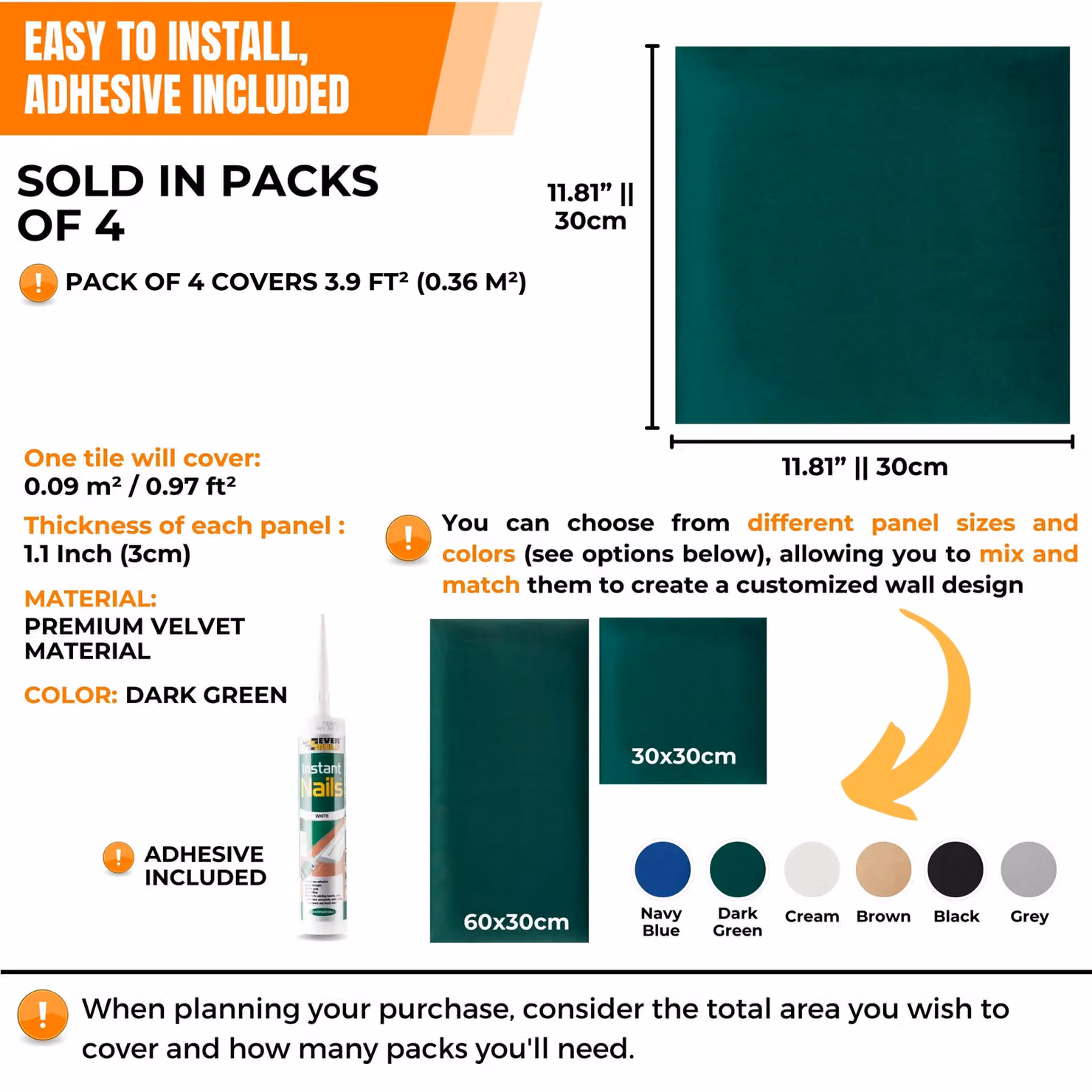 Novecrafto Set of 4 Soft Velvet Upholstered Wall Panels in Dark Green with Adhesive, W/D/H: 30 x 30 x 3 cm – 3