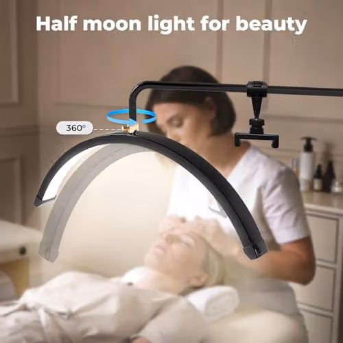 Emitto Black LED Half Moon Floor Lamp with Dimmable CCT, 360 Degree Rotation and Phone Holder for Lash Extensions, Tattoos and Beauty Salons – 5