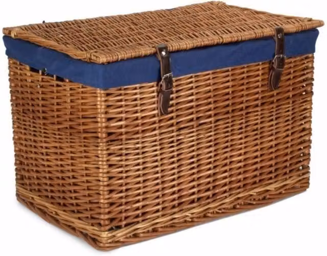 Red Hamper Double Steamed Wood Picnic Basket with Blue Cotton Lining, W/D/H: 61 x 40 x 40 cm