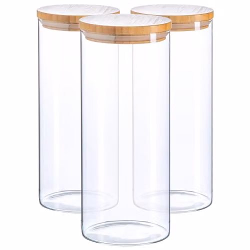 Argon Tableware Scandi Airtight Glass Storage Jars with Wooden Lids, 1.5 l, 3 Pack, Transparent – 1