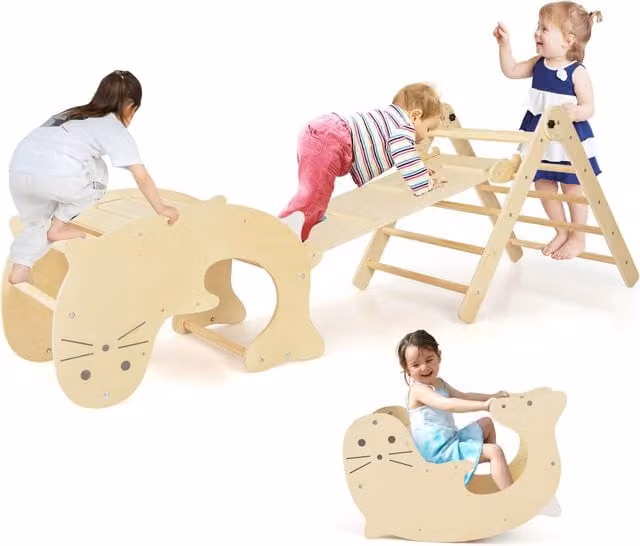 Costway 7-in-1 Toddler Climbing Toy Set with Slide in Natural Wood