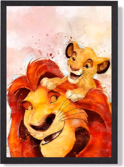 ARTZE Mufasa and Simba Lion King Watercolour Framed Print, A2, Black Frame, Red and Multicolour – 1