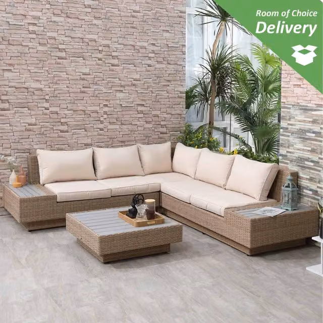 Outsunny 4-Piece Modern Sectional Rattan Garden Furniture Set in Beige and Brown