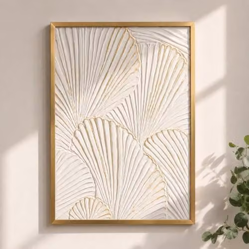 Melody Maison Gold and White Botanical Floral Textured Wall Art Painting, W: 80 cm, H: 55 cm – 1