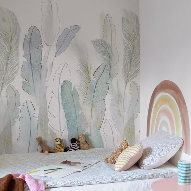 Grandeco Scarlet Feathers 3 Lane Repeatable Wallpaper Mural in Green, Petrol and Purple