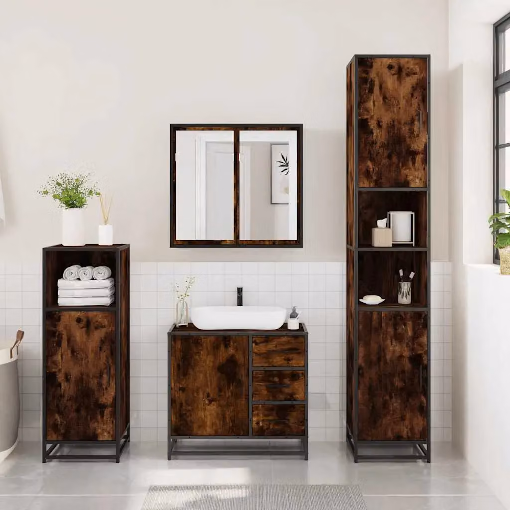 Berkfield Home 3 Piece Industrial Bathroom Furniture Set in Smoked Oak and Brown – 3