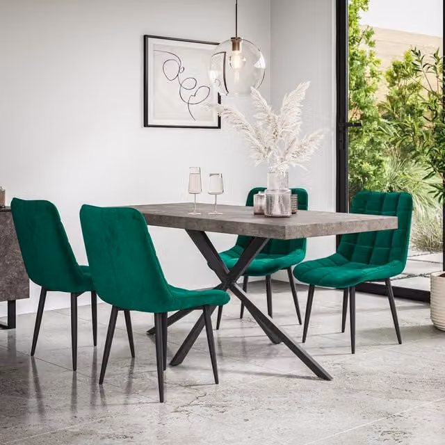 More4Homes Donni Dining Table and 6 Nova Green Velvet Chairs Set with Concrete Effect Top and Black Legs