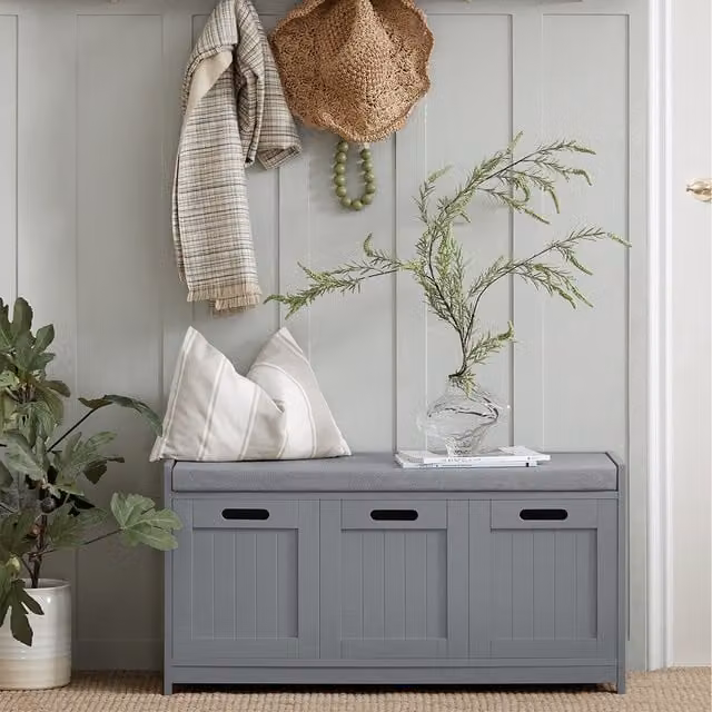 SoBuy Shoe Storage Bench with Fabric Seat Cushion and Drawer, Grey, W/D/H: 90 x 45 x 45 cm