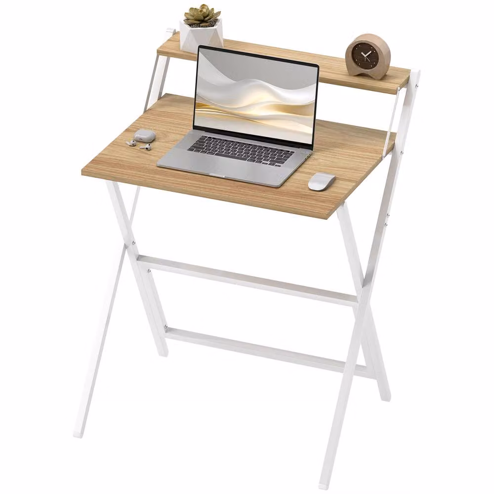 STILVORA Minimalist Computer Desk with Folding Top and X-Frame in Natural Wood and Metal – 3