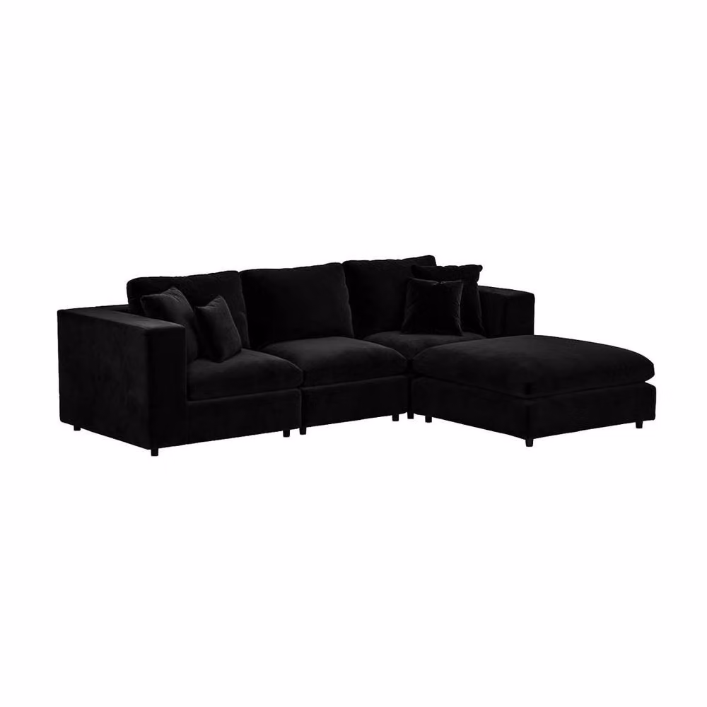 Solace+Co Asher 4 Seater L-Shape Velvet Sofa in Black with Reversible Ottoman and Scatter Cushions – 4