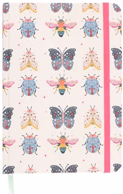 Kingsbury Gifts Floral Insect Print A5 Hardcover Lined Notebook with Bookmark and Elastic Closure in Pink, Gold and Multicolour