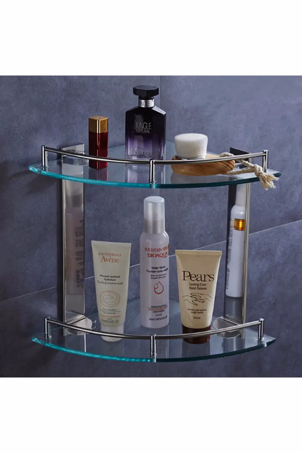 Living and Home 2-Tier Wall Mounted Corner Bathroom Shelf in Silver with Tempered Glass – 2