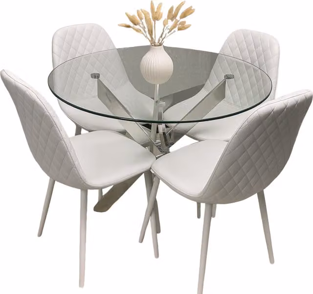 Kosy Koala Round Glass Dining Table with 4 White Leather Chairs