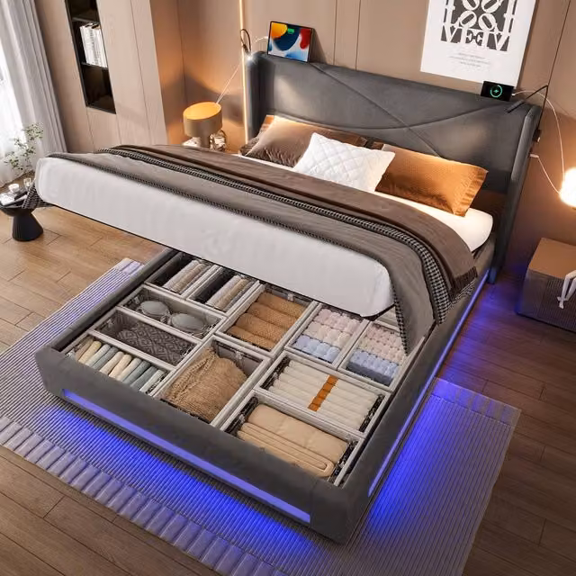 Matteo Modern Dark Grey Velvet King Bed Frame with Lift Up Storage, Integrated Reading Lights, Under Bed Lighting and USB Charging Ports, W/D/H: 180 x 200 cm