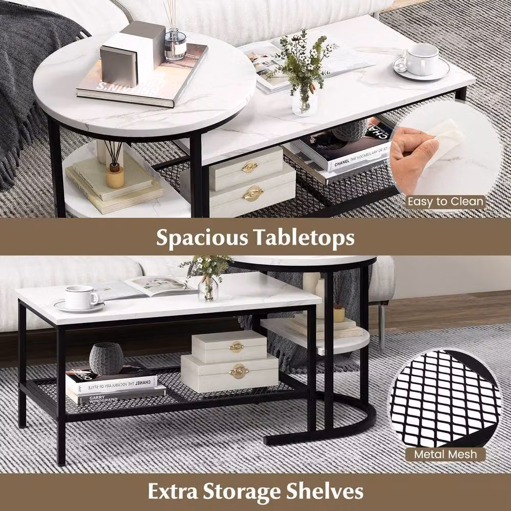 CASART Set of 2 Nesting Coffee and Side Tables with Black Faux Marble Effect Tops – 5
