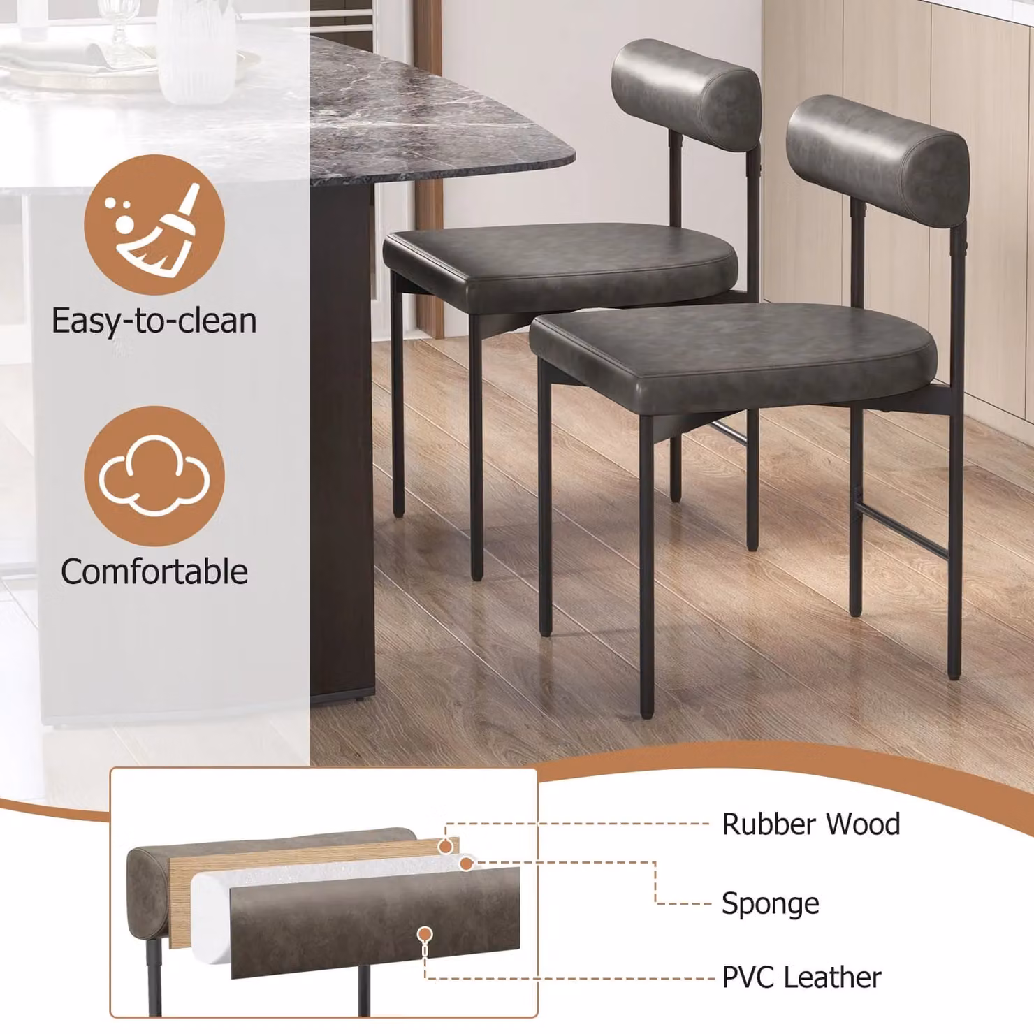 Costway Set of 2 Grey Faux Leather Upholstered Modern Dining Chairs – 6