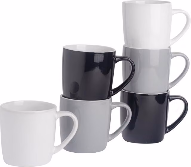 Argon Tableware Set of 6 Three-Tone Stoneware Coffee Mugs, 350ml, White, Black and Grey