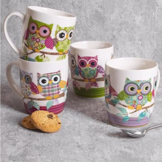 RSW Set of 4 Multicolour Owl Bone China Mugs, 384.4 ml